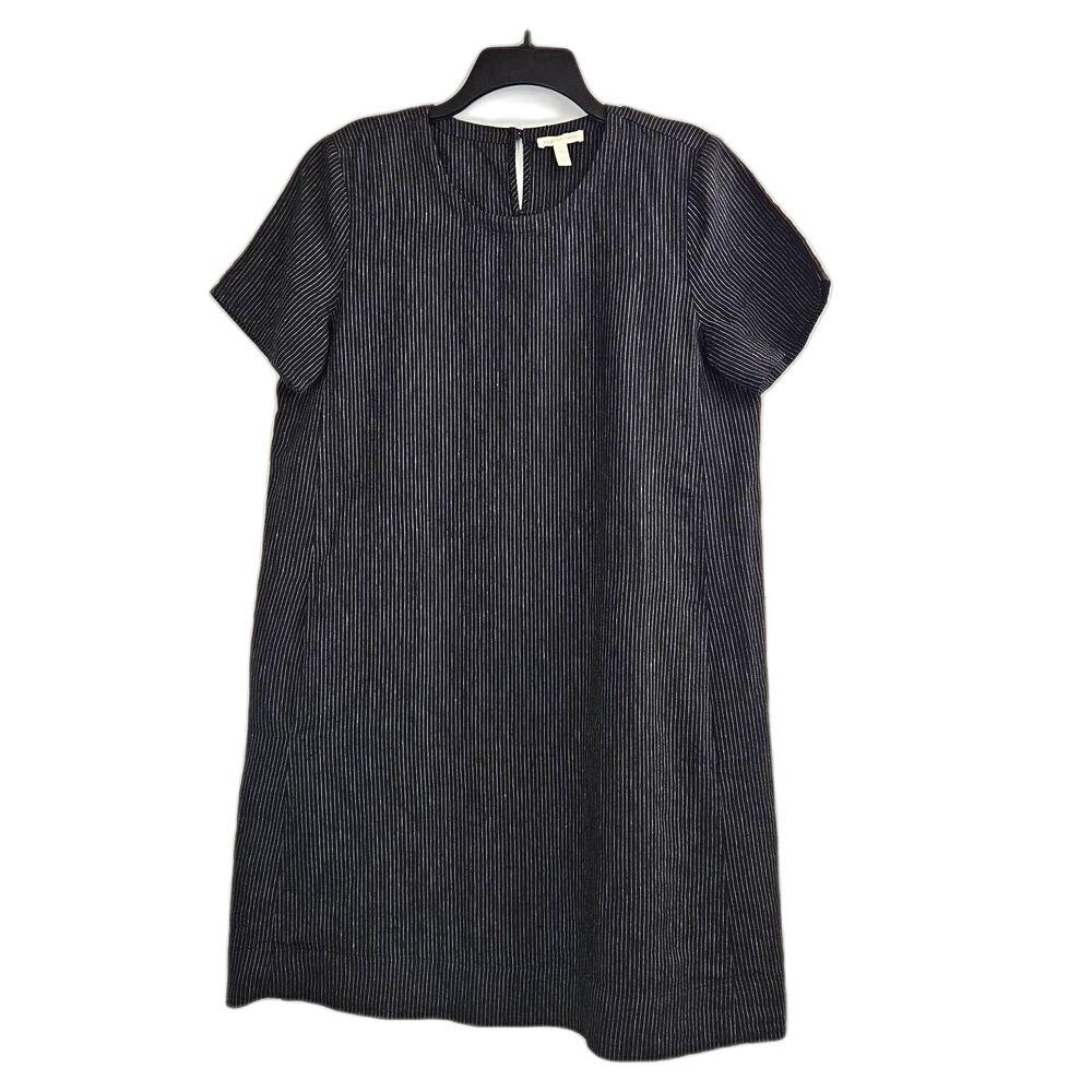 Eileen Fisher Organic Linen Shift Dress Knee Legnth Black Stripe Women's Small